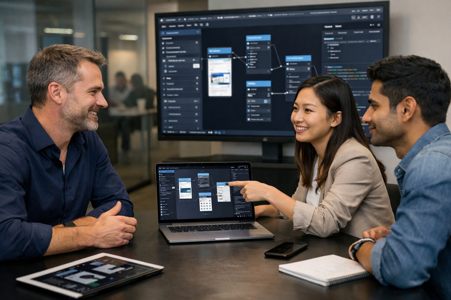 Product team reviewing a mobile application built with a visual development platform in a corporate conference room.
